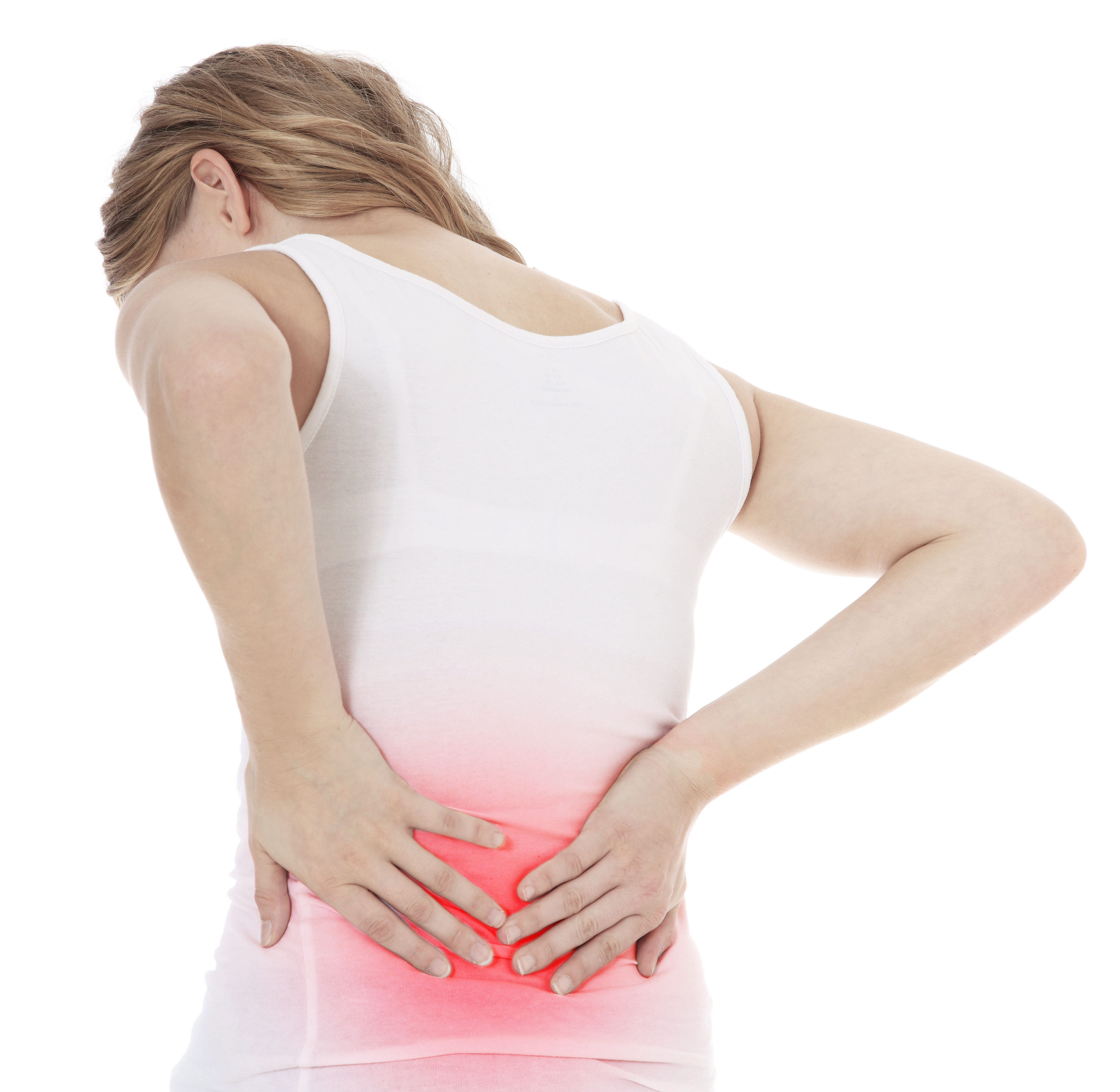 Attractive female person suffers from backache. All on white background.